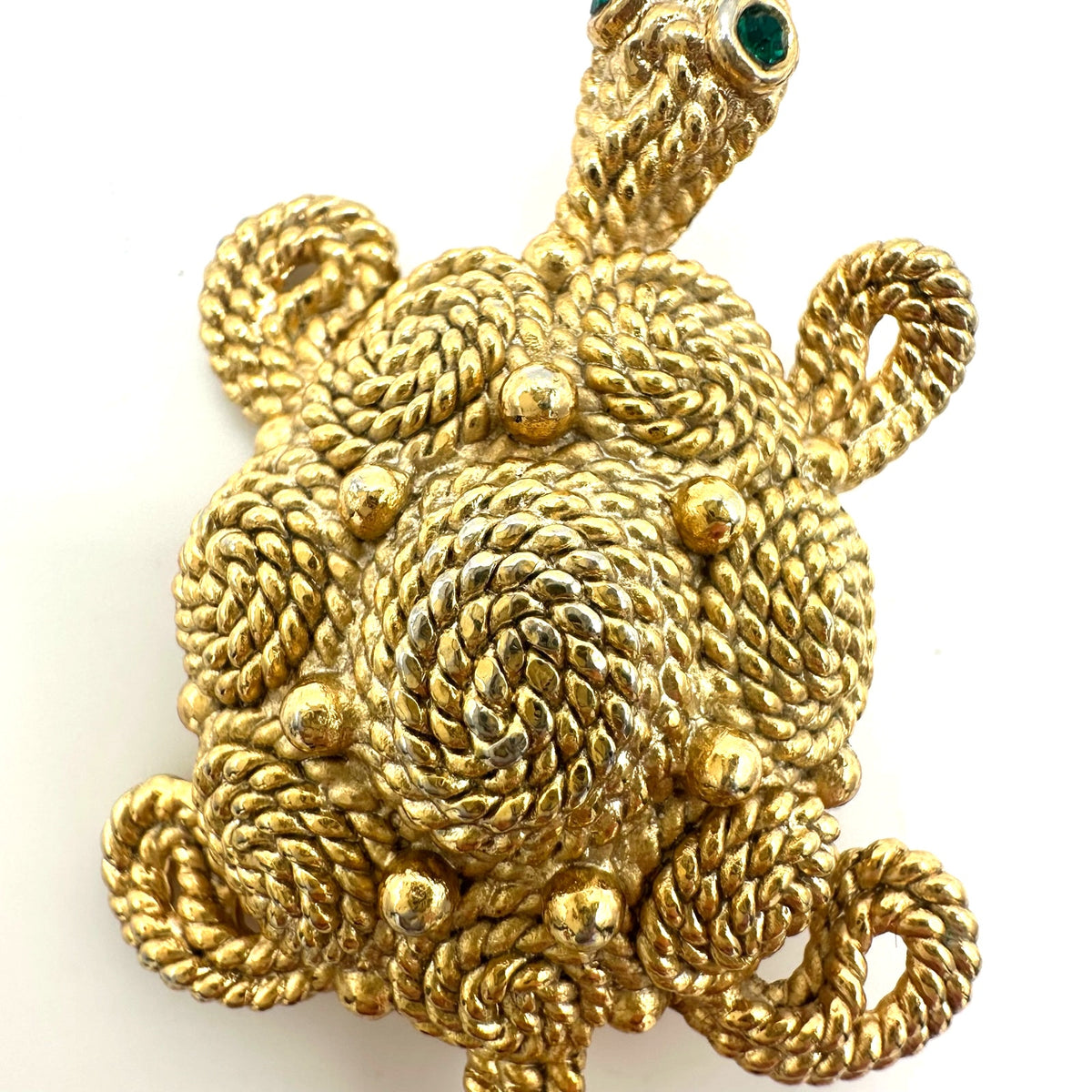 Napier vintage gold tone twisted rope green rhinestones turtle figural brooch