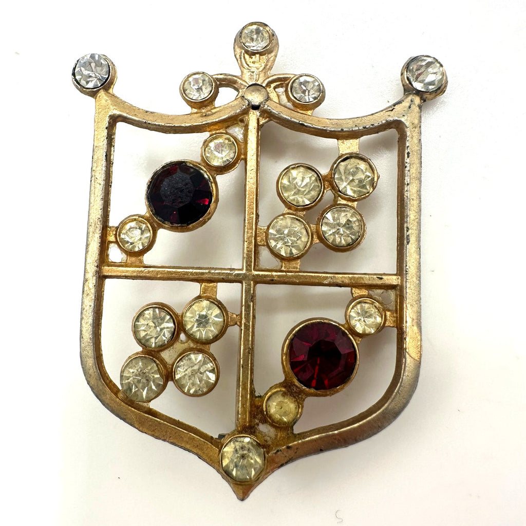 Vintage gold tone red clear rhinestone Heraldic shield crest coat of arms brooch