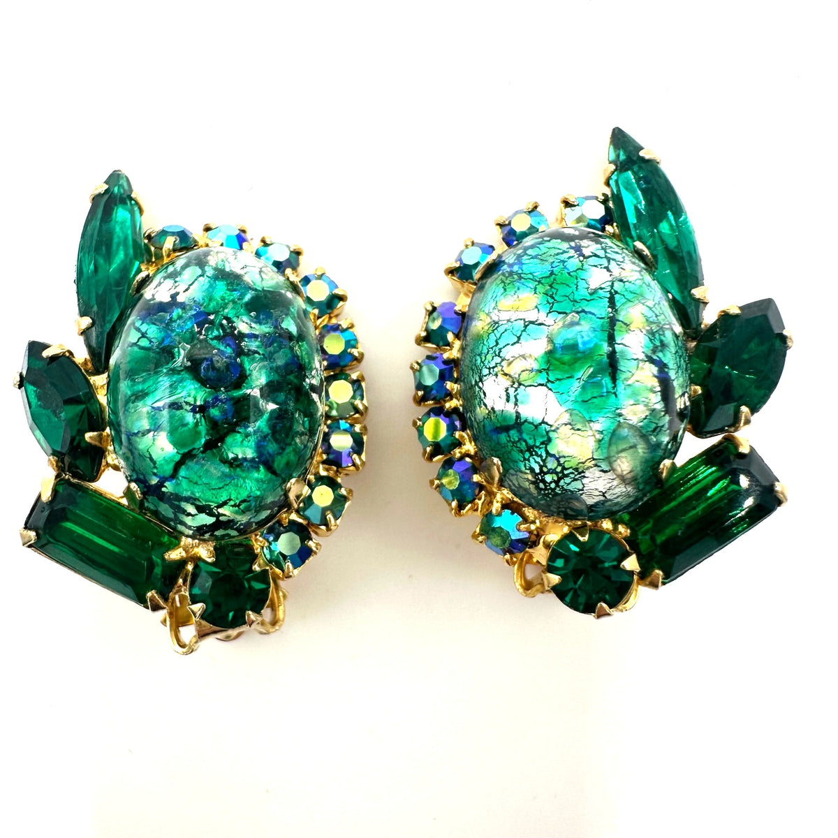 Juliana 1960s vintage gold tone green art glass AB rhinestones clip on earrings