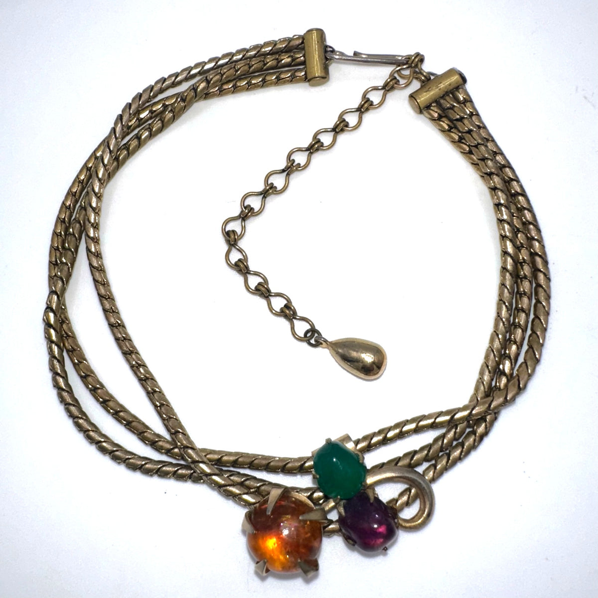 Vintage triple 3 strand gold tone chains multicolor art glass slider necklace
