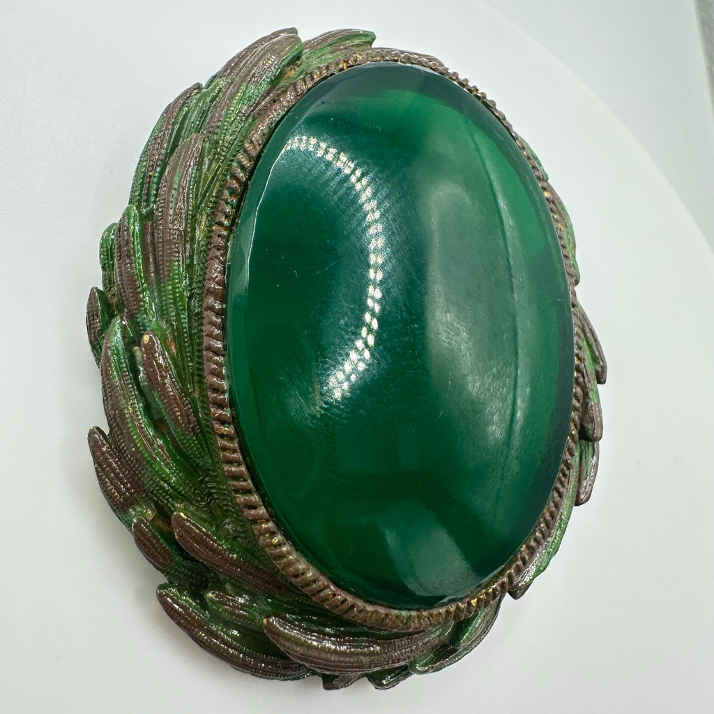 Vintage gold tone emerald green glass cabochon Victorian Revival brooch pendant