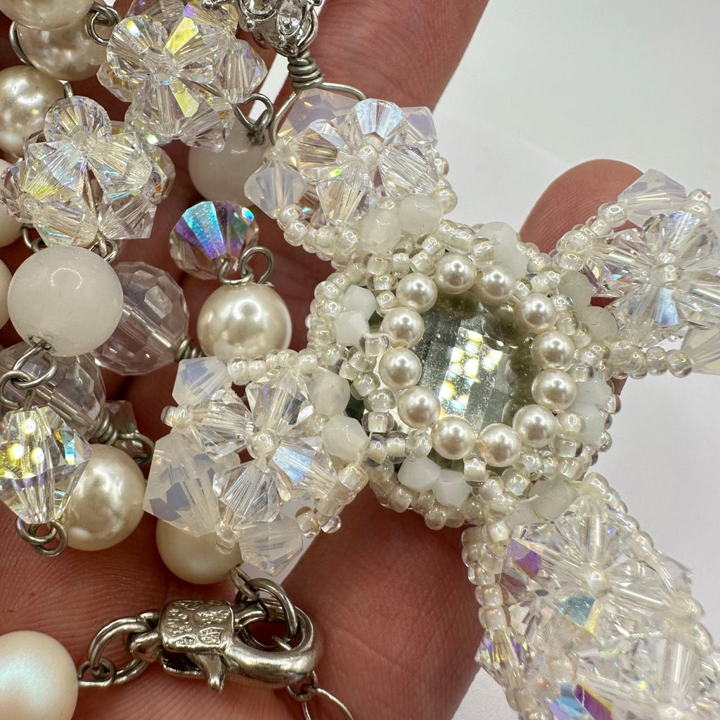 Handmade clear AB white opalite glass faux pearls cross beads beaded necklace