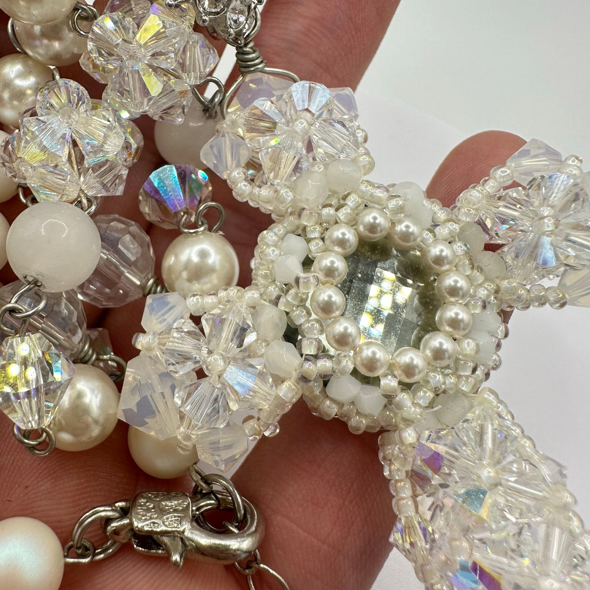 Handmade clear AB white opalite glass faux pearls cross beads beaded necklace