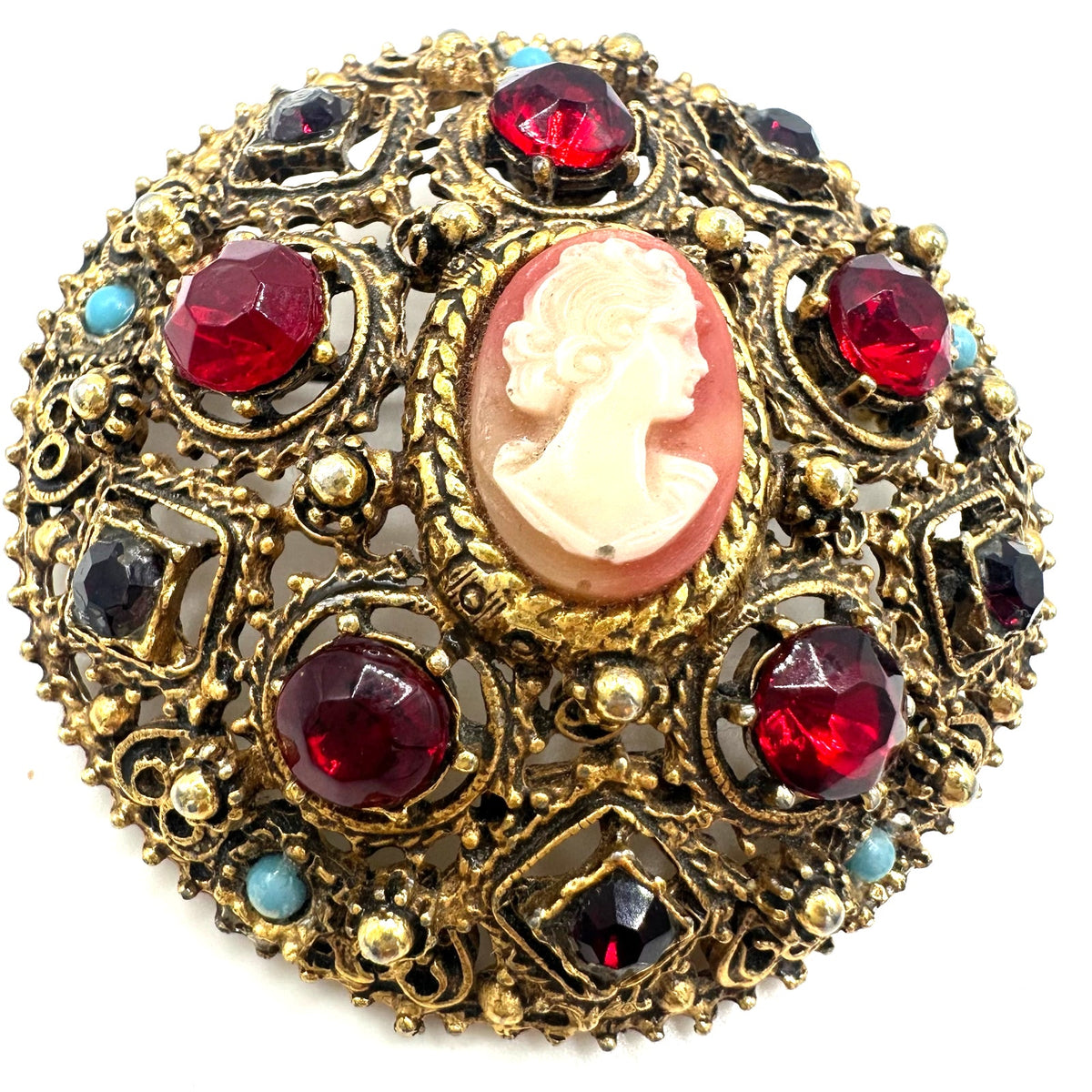 Florenza Victorian Revival gold tone red rhinestones faux turquoise cameo brooch