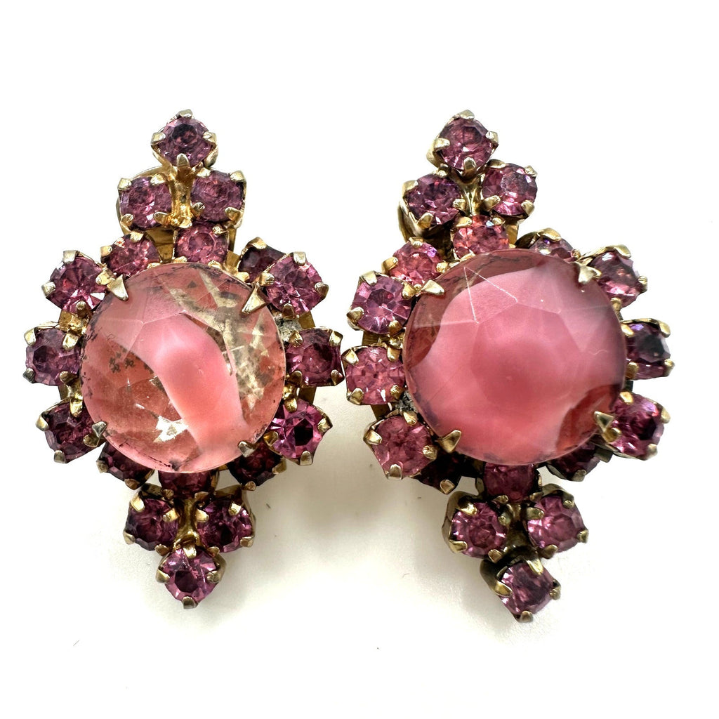 1950s vintage gold tone pink clear givré art glass rhinestones clip on earrings