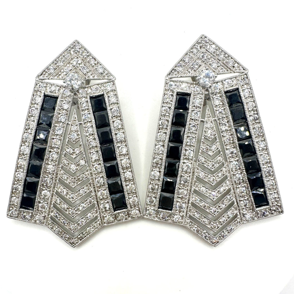 Real Collectibles by Adrienne Art Deco Revival silver black CZ clip on earrings