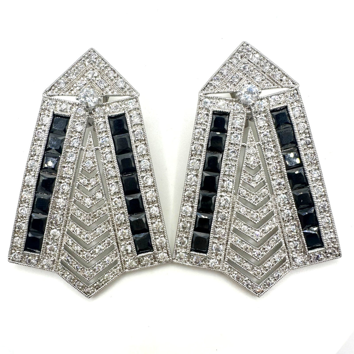 Real Collectibles by Adrienne Art Deco Revival silver black CZ clip on earrings