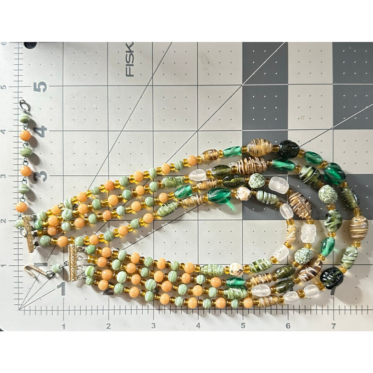 Japan vintage 4 multi strand green tan amber art glass beaded graduated necklace