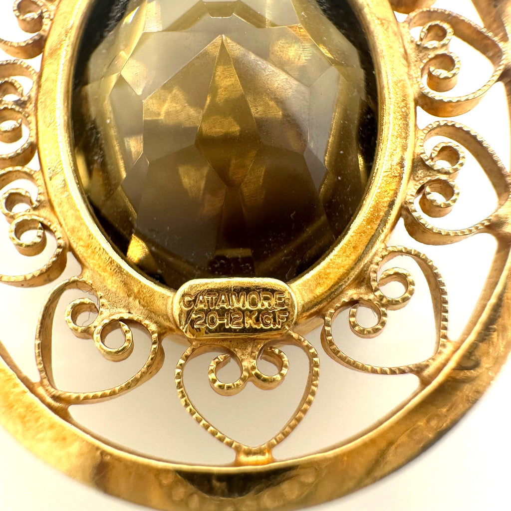 Catamore vintage 12kt yellow gold filled genuine 27.43ct smoky quartz brooch