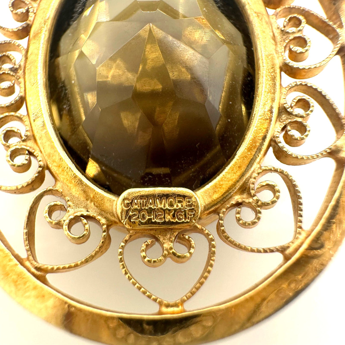 Catamore vintage 12kt yellow gold filled genuine 27.43ct smoky quartz brooch