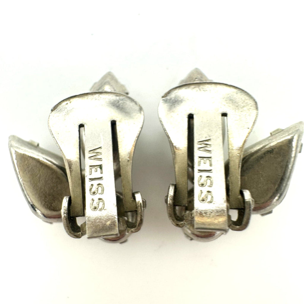 Weiss signed vintage silver tone clear glass rhinestones clip on earrings