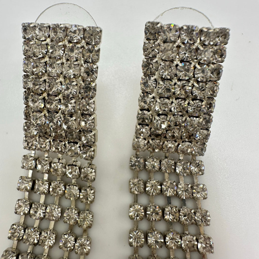 Silver tone clear rhinestones multi 5 strands fringe drop post earrings