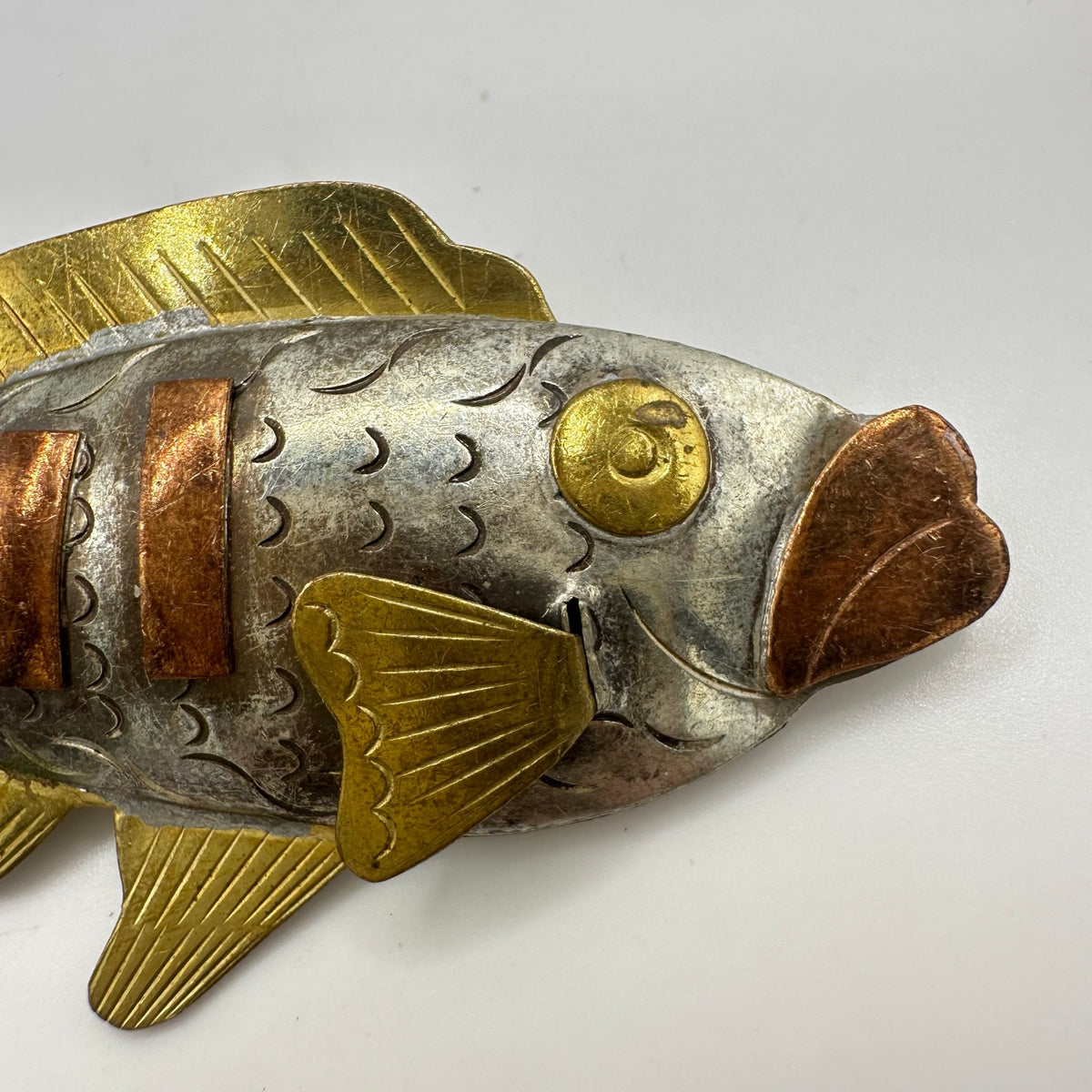 Vintage copper brass gold silver tone handmade modernist fish figural brooch