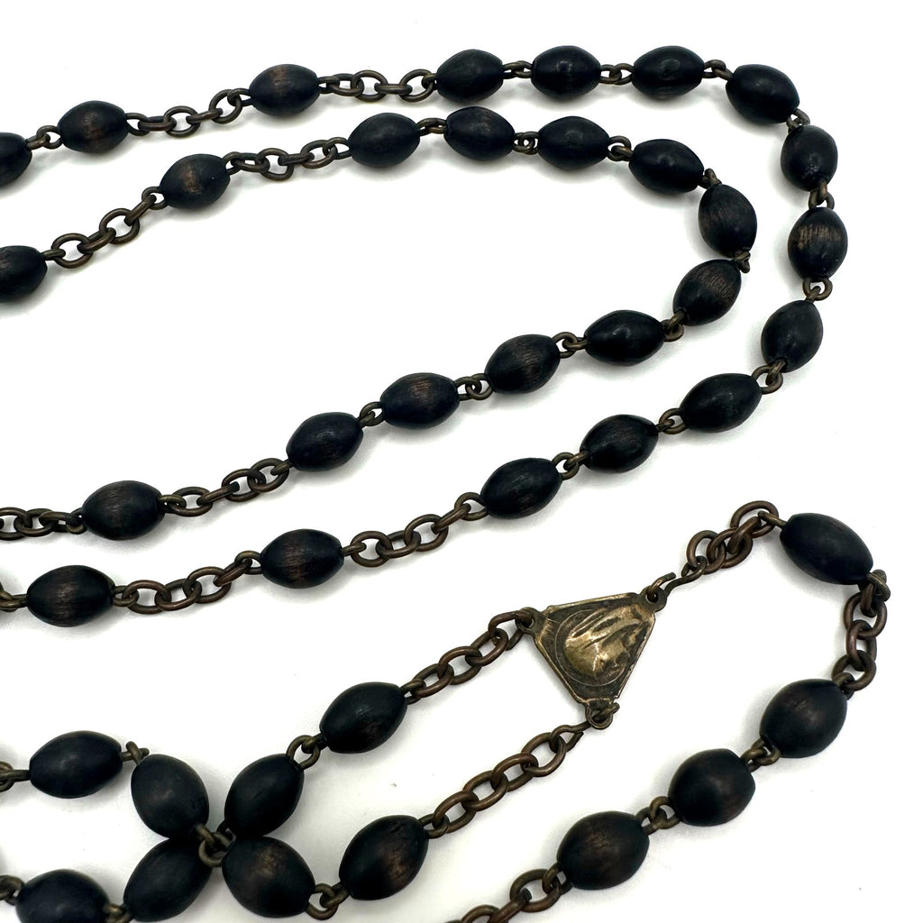 Antique Catholic brass black ebony beads beaded rosary prayer necklace
