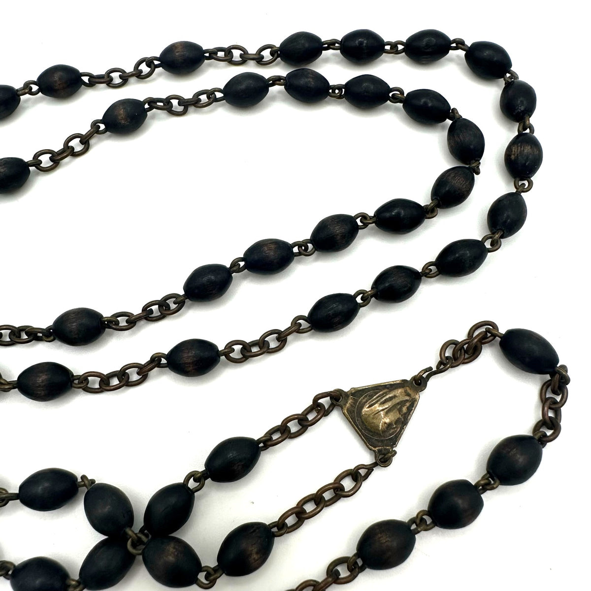Antique Catholic brass black ebony beads beaded rosary prayer necklace