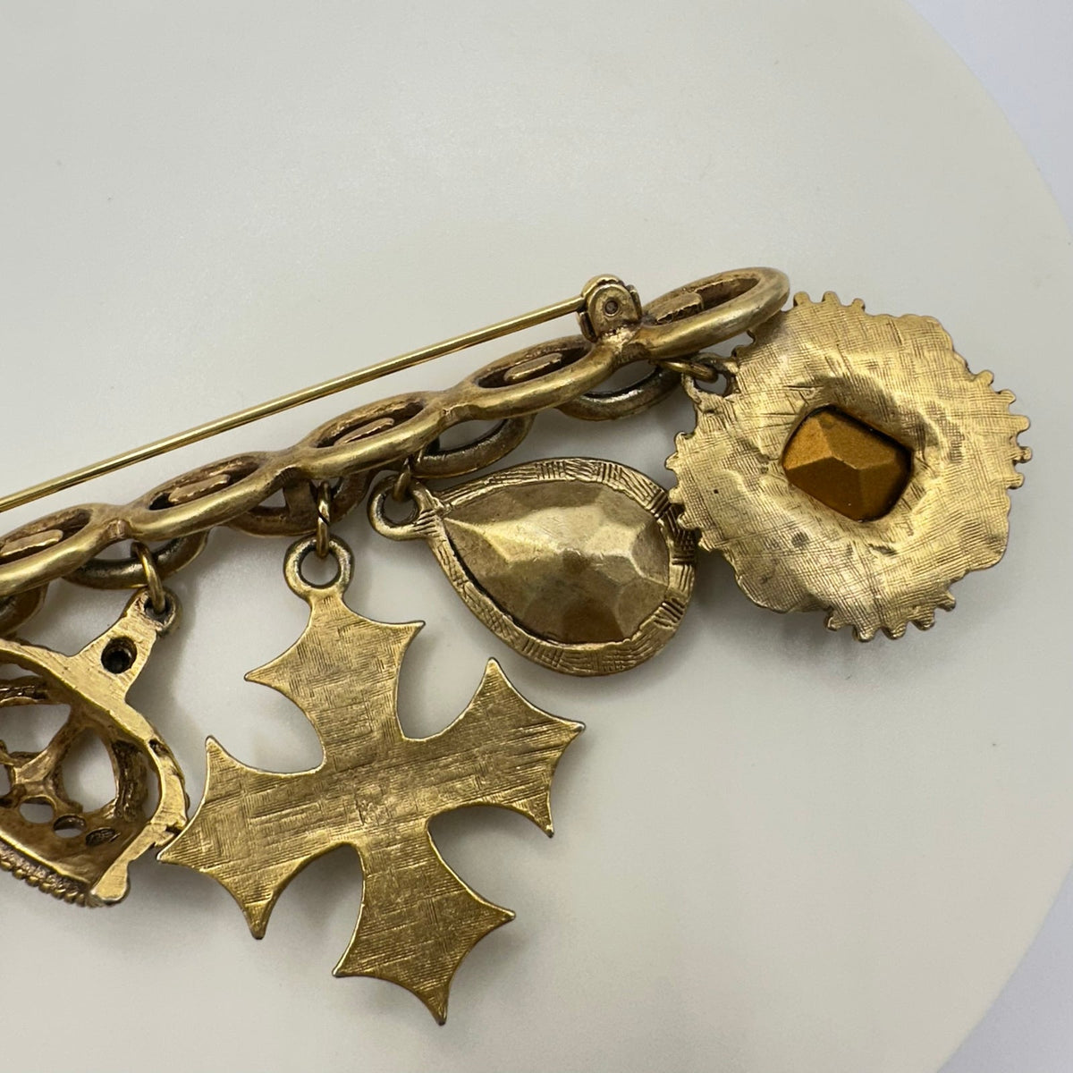 Vintage gold tone Victorian Revival 5 dangling charms crown Maltese cross brooch