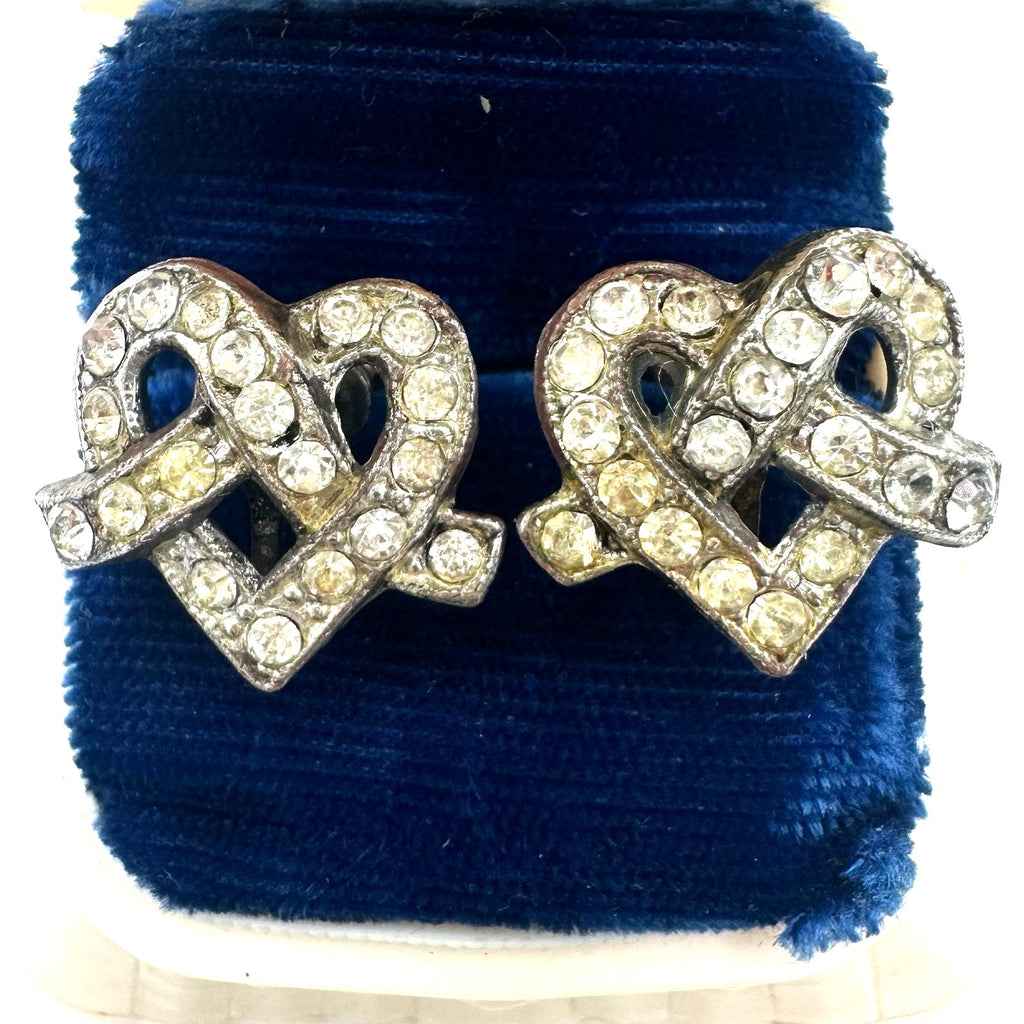 Little Nemo antique Art Deco rhinestones silver tone hearts screw back earrings