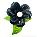 Vintage 1960s black white green enamel gold tone metal flower flower brooch