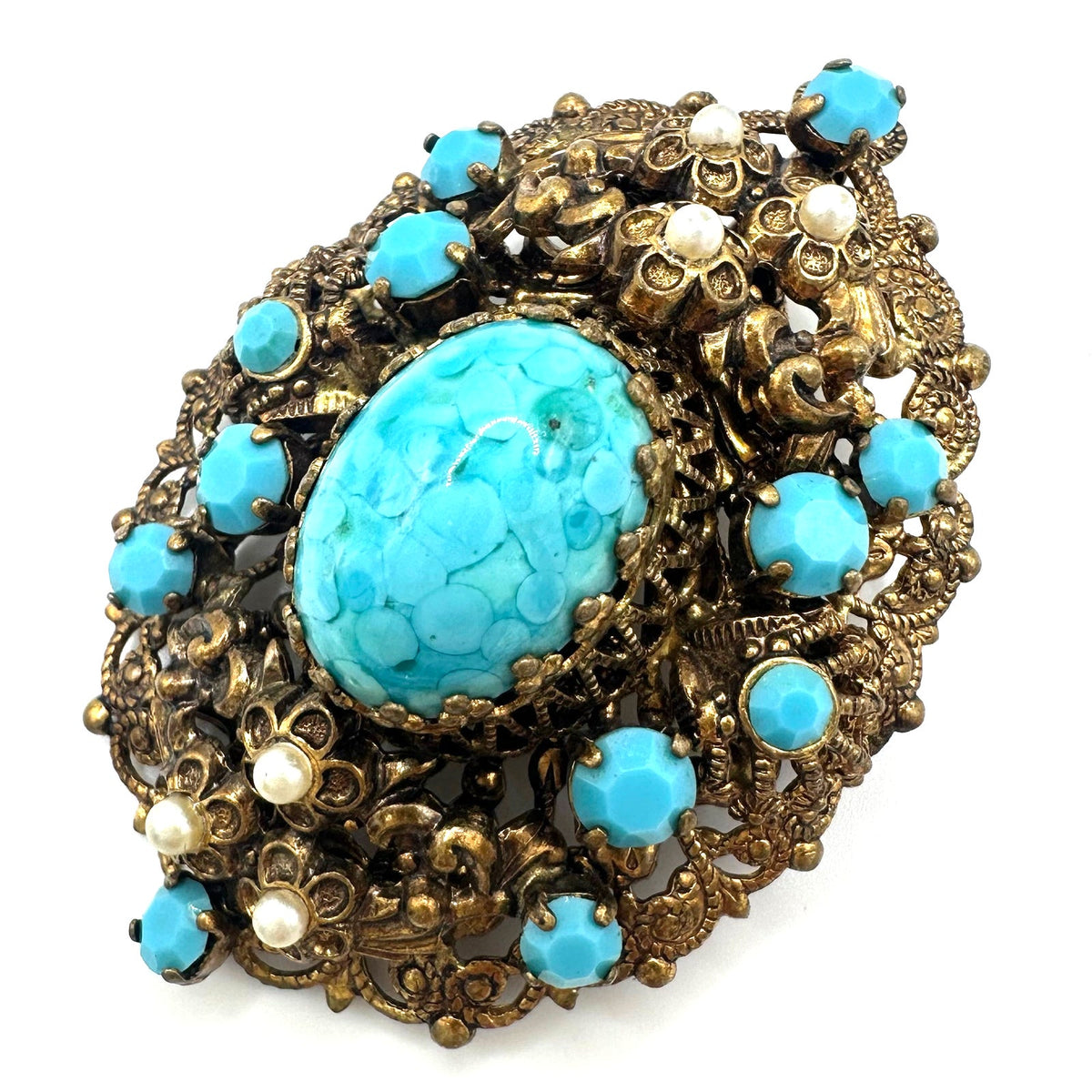 West Germany vintage gold tone turquoise art glass rhinestones brooch pendant