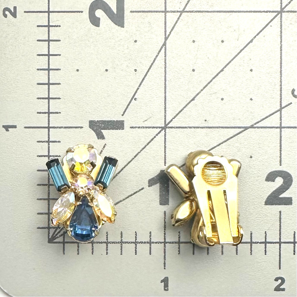Vintage 1950s gold tone blue aurora borealis AB rhinestones clip on earrings