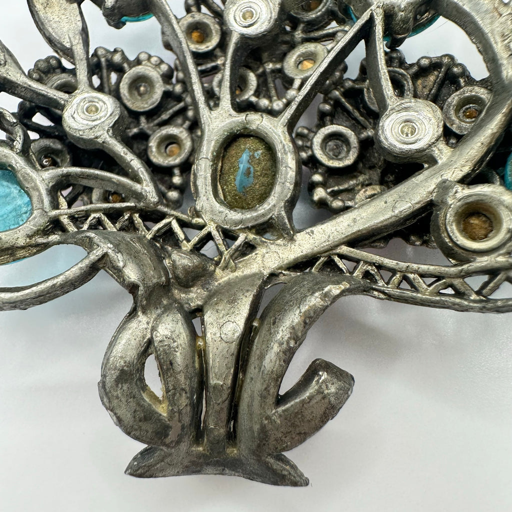 Antique Art Deco 1930s large pot metal pink blue molded glass rhinestones brooch
