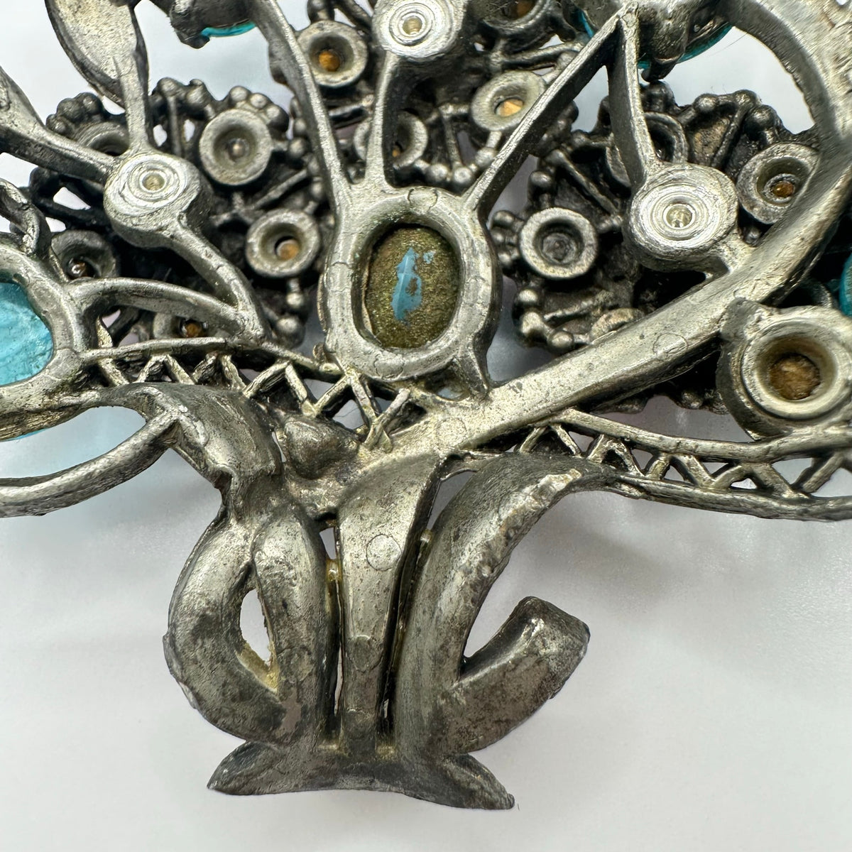Antique Art Deco 1930s large pot metal pink blue molded glass rhinestones brooch