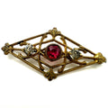 Antique Edwardian 1900s 1910s gold gilt red clear glass paste rhinestones brooch
