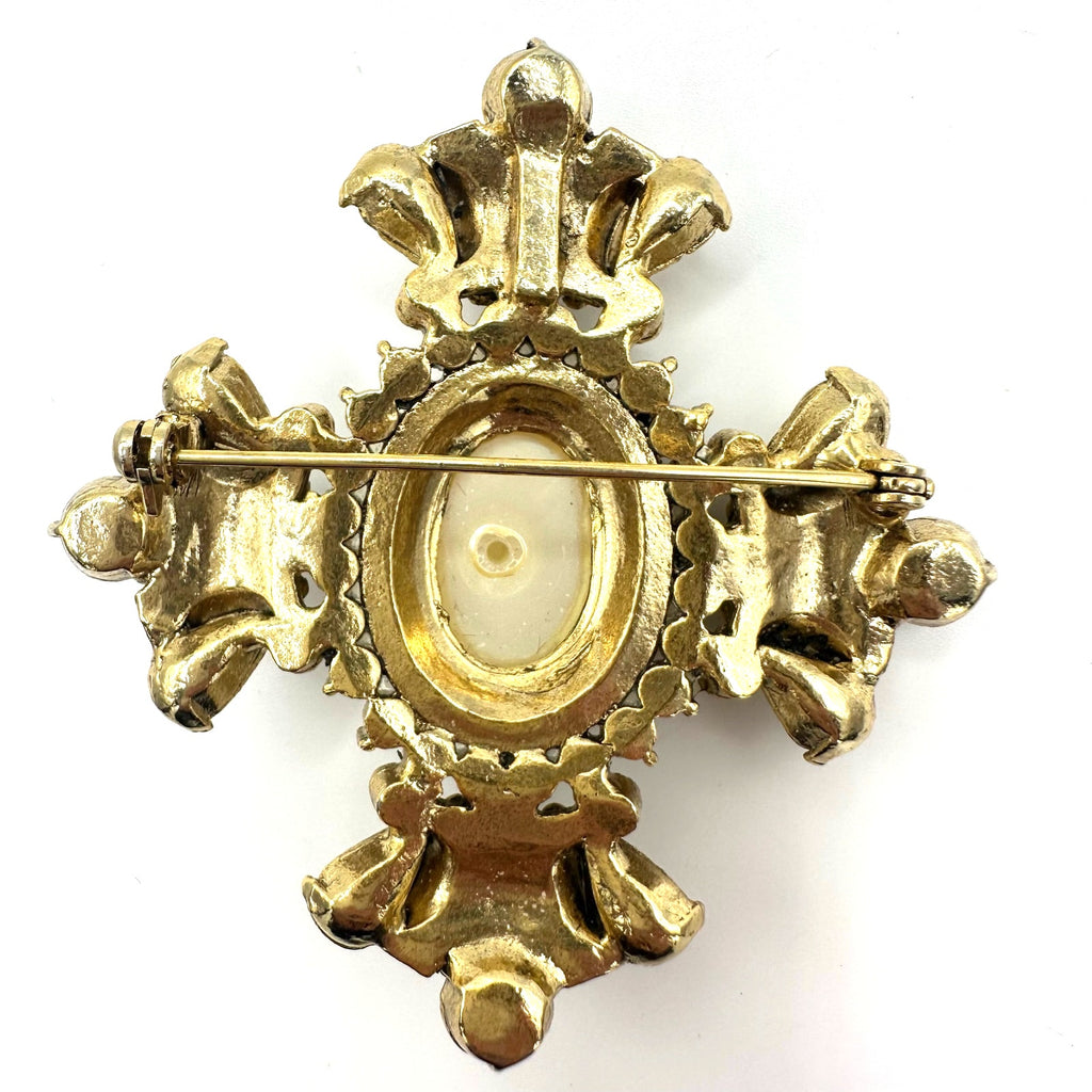 Vintage gold tone glass pearl cabochon clear rhinestones Maltese Cross brooch