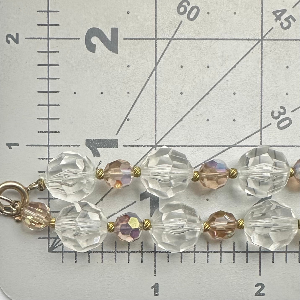 Vintage peach aurora borealis AB glass clear lucite beads beaded 32" necklace