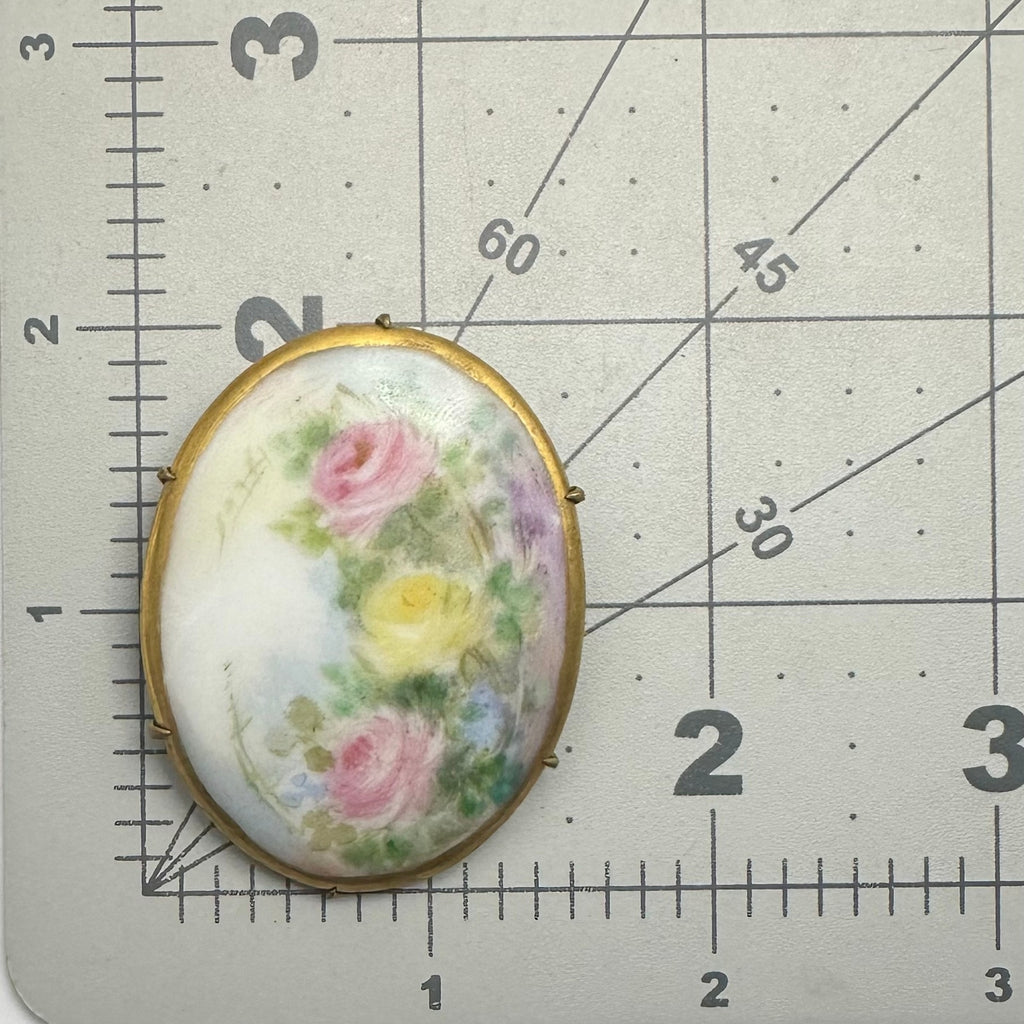 Antique Victorian Edwardian hand painted pink green yellow blue floral brooch