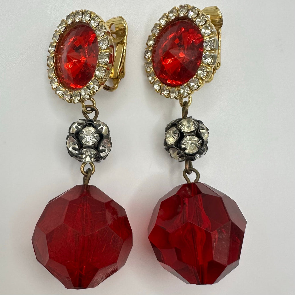 Les Bernard vintage gold tone red lucite rhinestone posts dangle drop earrings