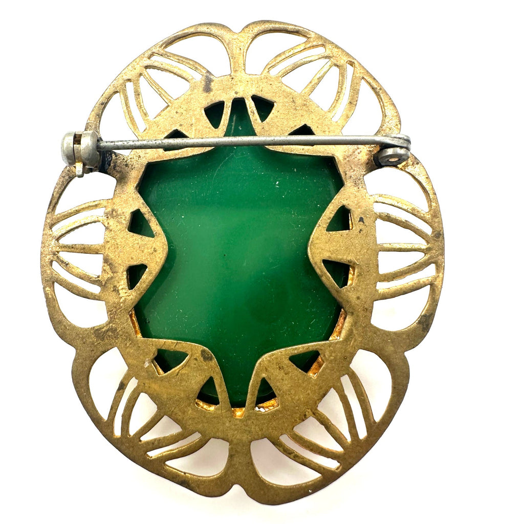 Antique vintage molded emerald green glass cameo gold tone brass brooch