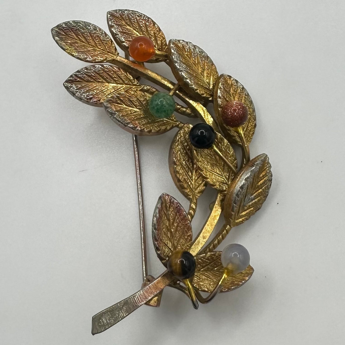 Vintage gold plated multicolor all semiprecious beads beaded leaf brooch pin