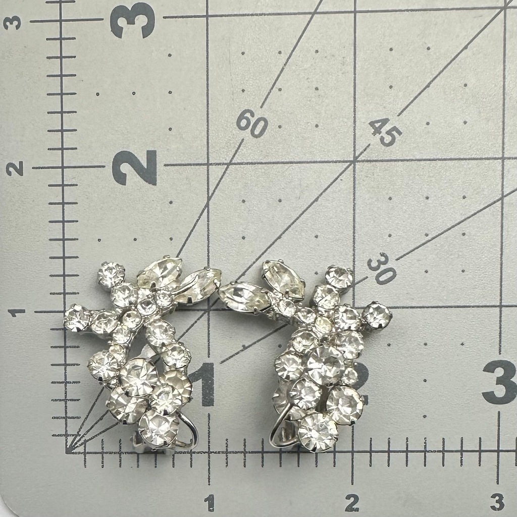 Vintage high end silver tone clear rhinestones wire over clip on earrings