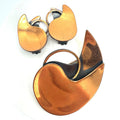 Vintage solid copper modernist teardrop paisley brooch clip on earrings set