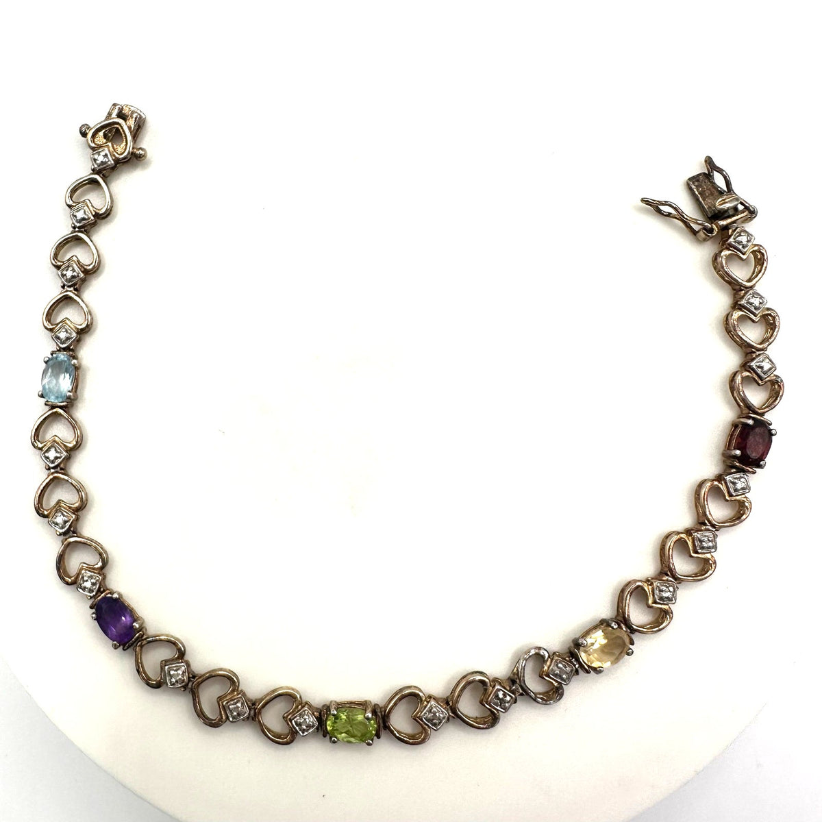 DL 925 sterling silver gold vermeil multicolor real gems heart chain bracelet