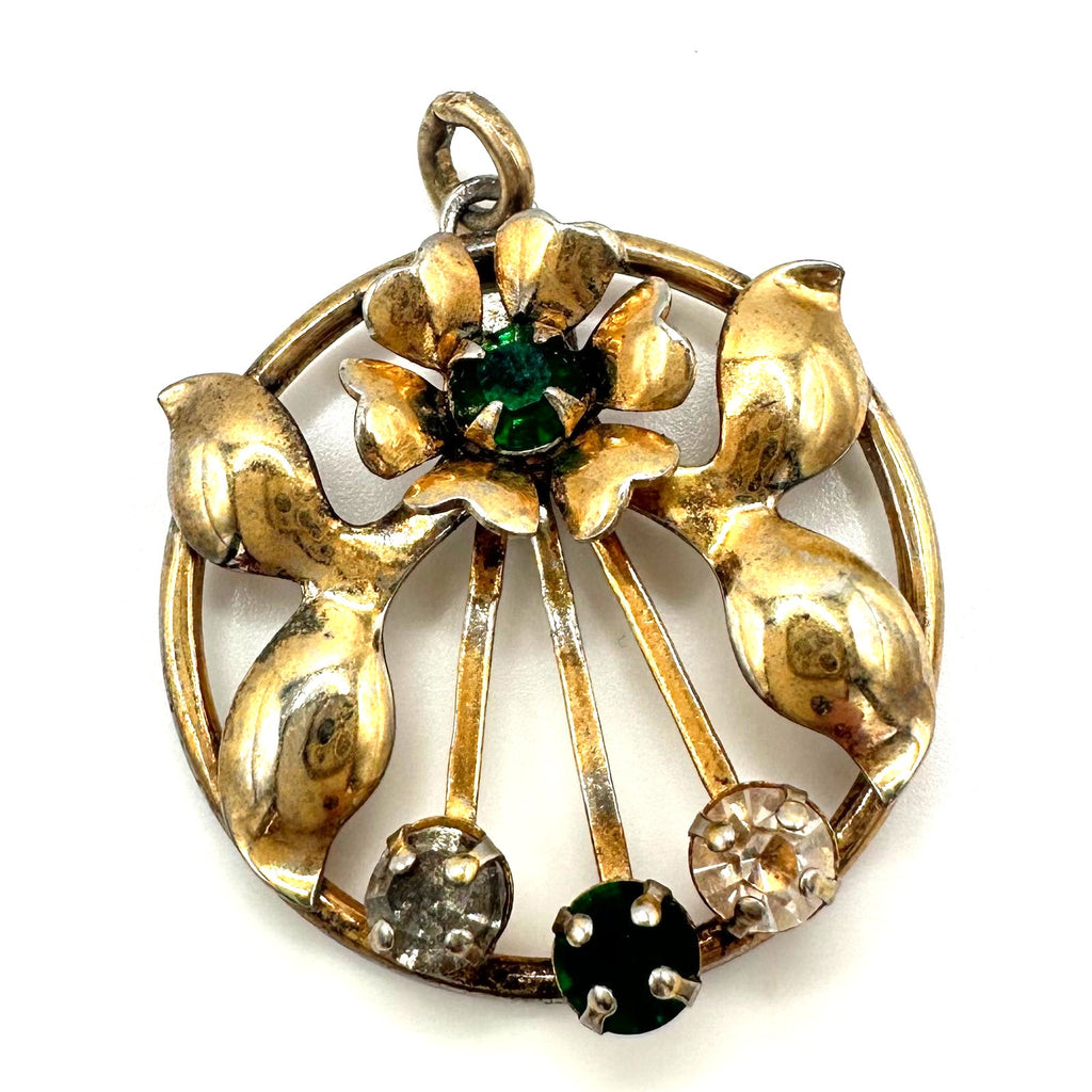 Leo Glass vintage sterling silver gold vermeil green clear rhinestones pendant