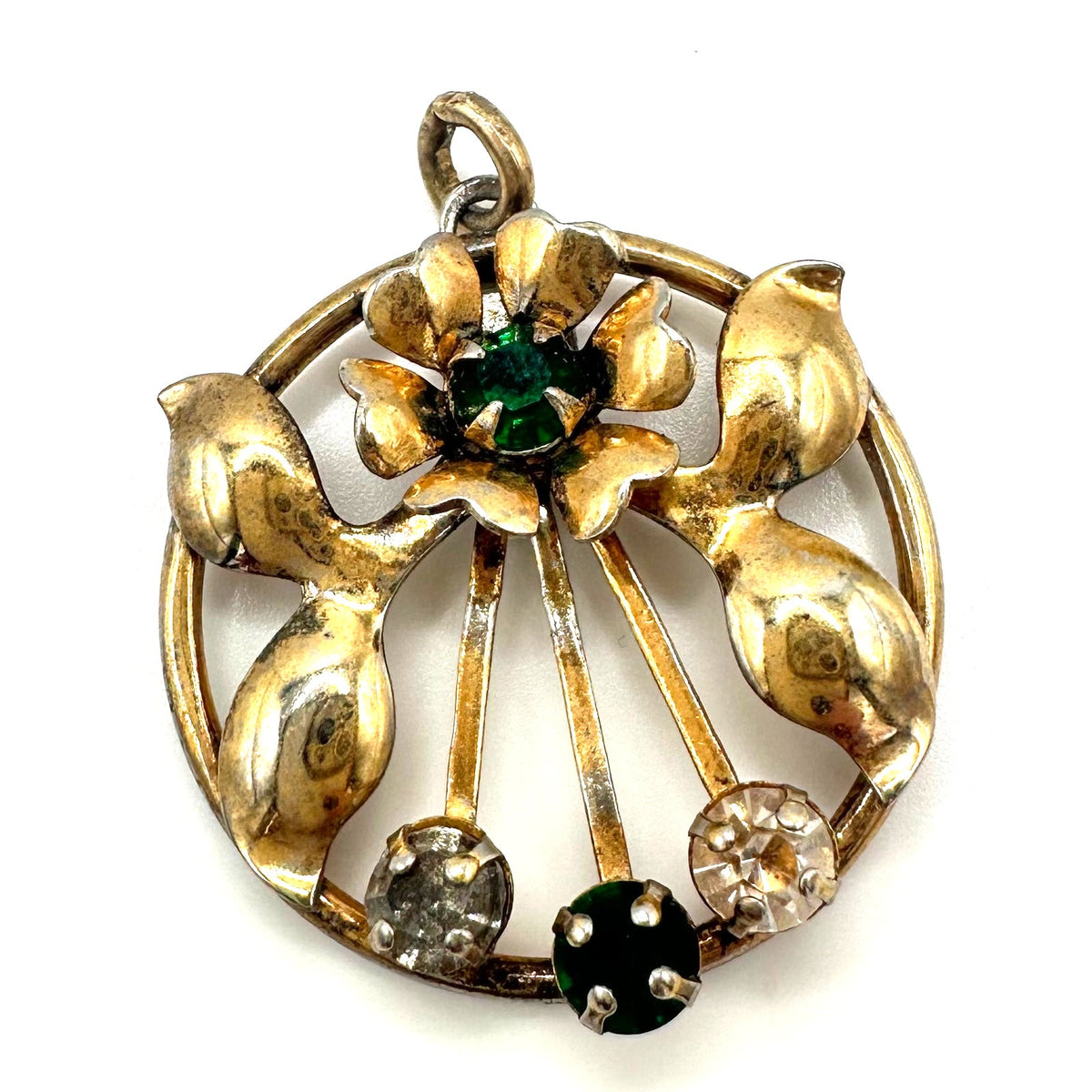 Leo Glass vintage sterling silver gold vermeil green clear rhinestones pendant