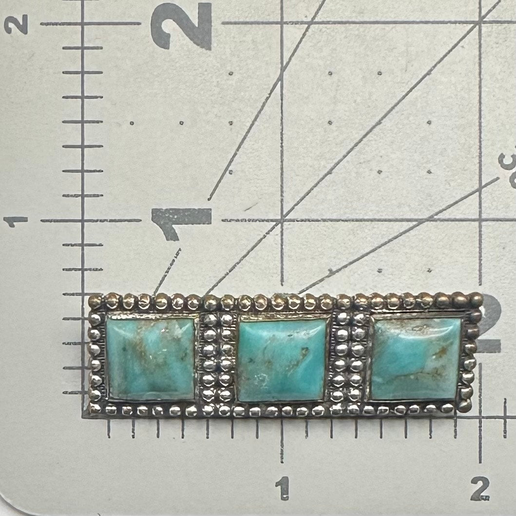 Antique Art Deco faux turquoise art glass cabochons silver gilt brass brooch
