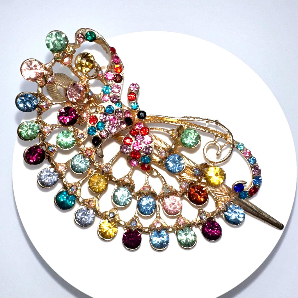 Gold tone multicolor rainbow glass rhinestones barrette hair clip accessory