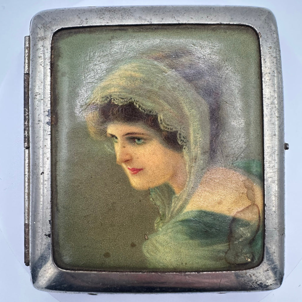 Antique Edwardian 1900s German silver tone portrait cigarette box case compact