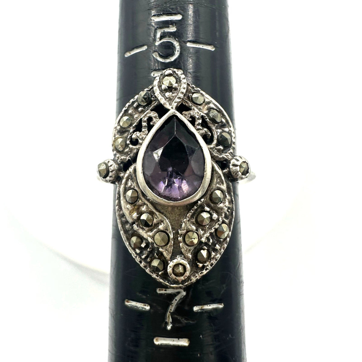 Vintage 925 sterling silver purple faux amethyst glass marcasite ring 6