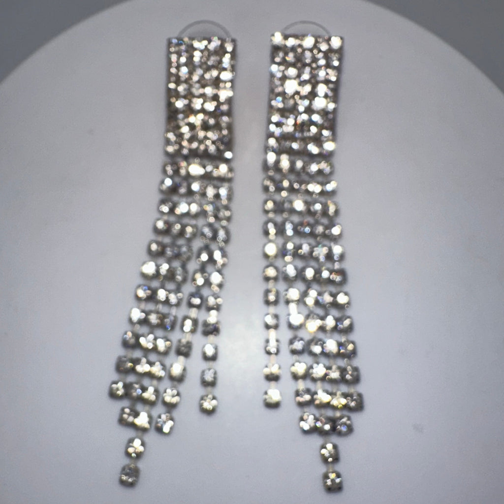 Silver tone clear rhinestones multi 5 strands fringe drop post earrings
