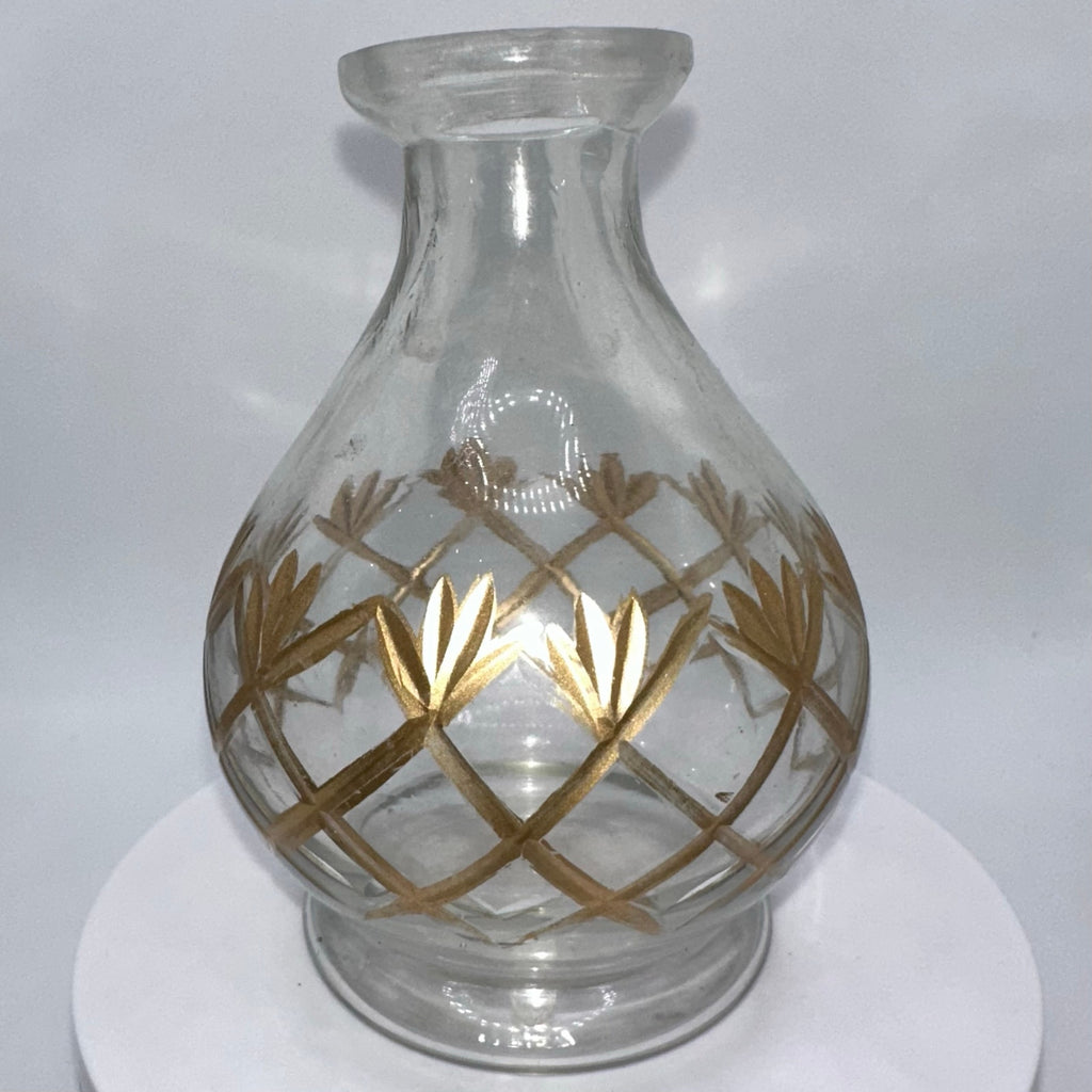 Hand blown midcentury Romanian style clear gold hand painted glass vase 4"