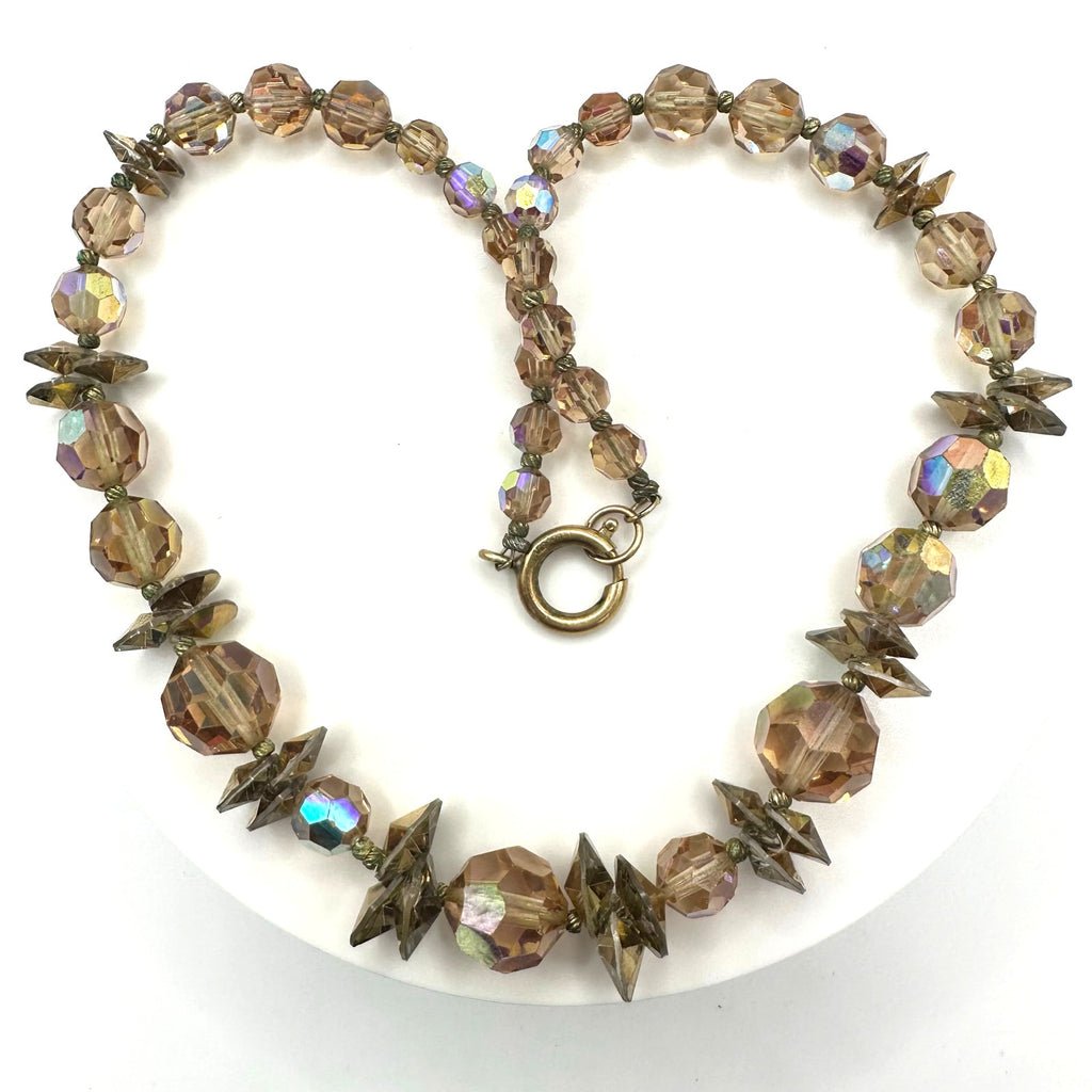 Vintage light topaz faceted glass aurora borealis AB beaded 15.5” necklace