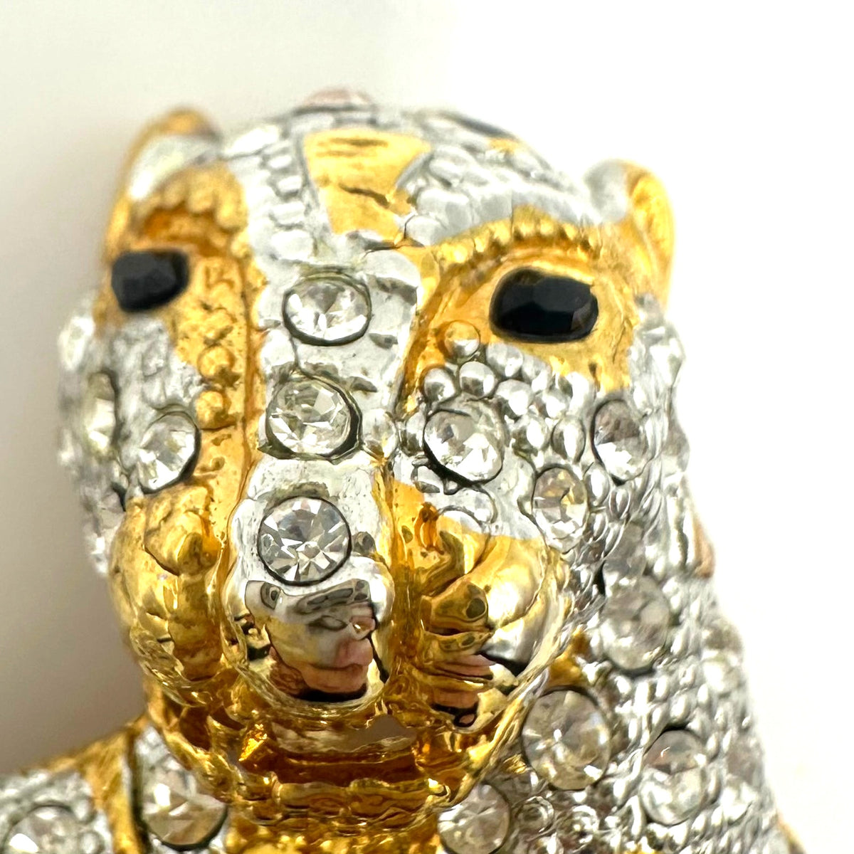 Vintage gold tone clear rhinestones black enamel leopard big cat figural brooch