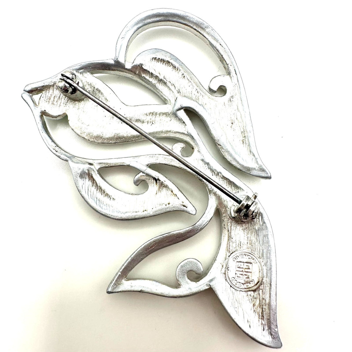 Givenchy vintage 1980s 1990s silver tone green enamel fish figural brooch