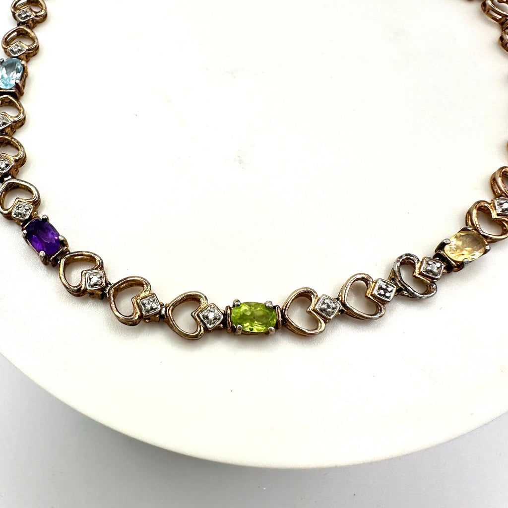 DL 925 sterling silver gold vermeil multicolor real gems heart chain bracelet