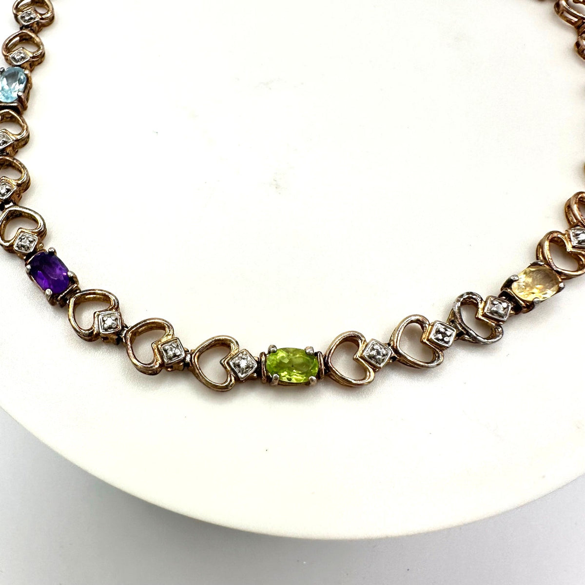 DL 925 sterling silver gold vermeil multicolor real gems heart chain bracelet