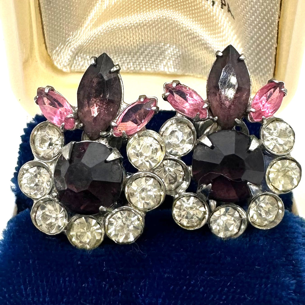 Vintage silver tone pink purple clear glass rhinestones screw back earrings